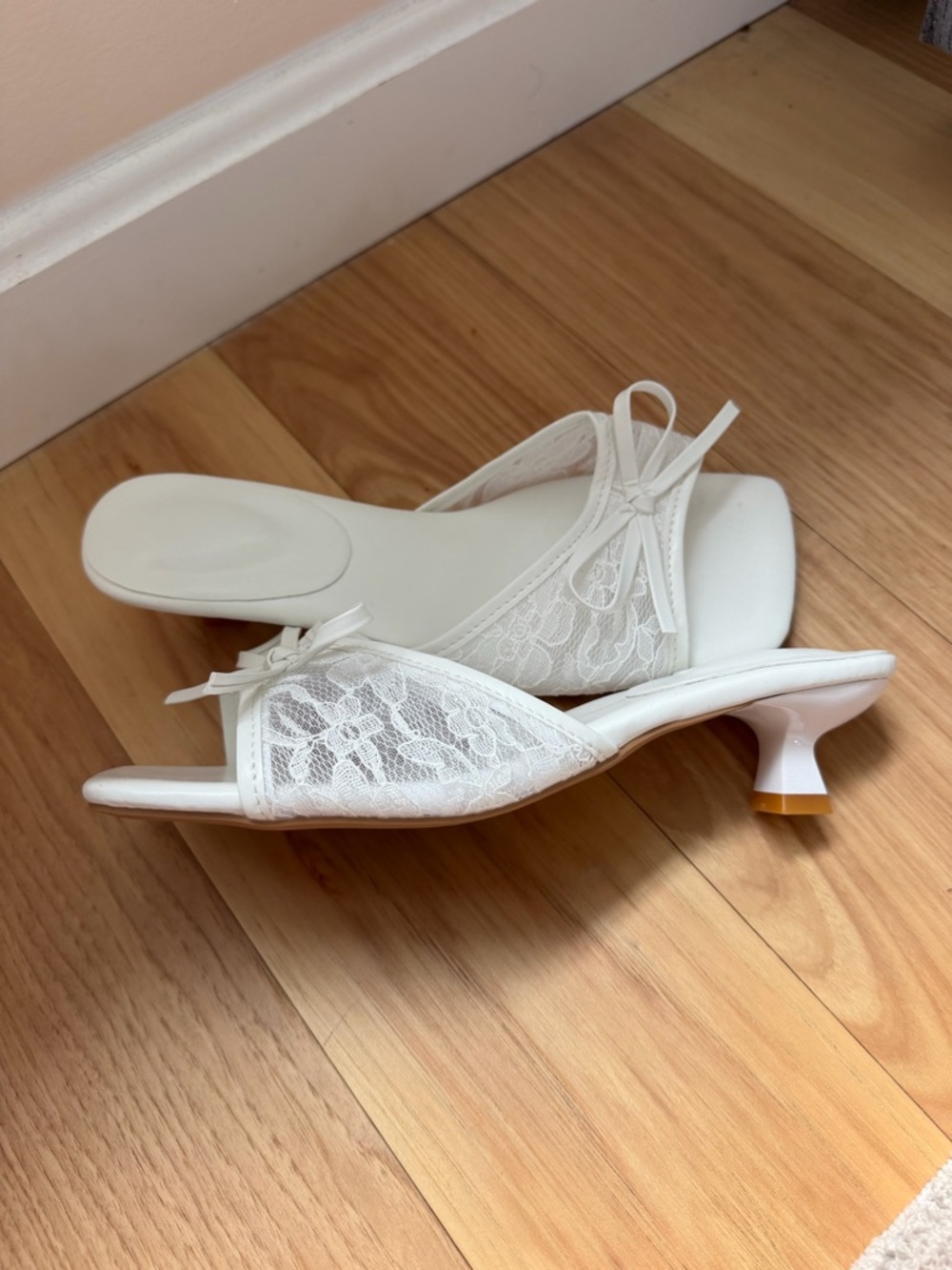 White Lace Kitten Heel Slide Sandals